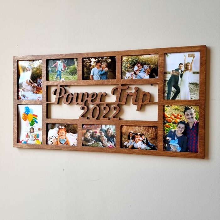 10 photo collage with your custom text. Handmade from wood this photo frame is an amazing wall decor with the most special moments of your family.
